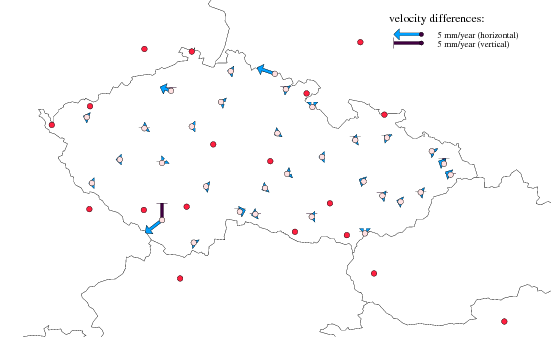 Estimated corrections (variant D) for non-EUREF stations (pink points) to the common ETRF2000 velocity field.
For all EPN stations (red points) velocities were constrained to the EPN cumulative solution.