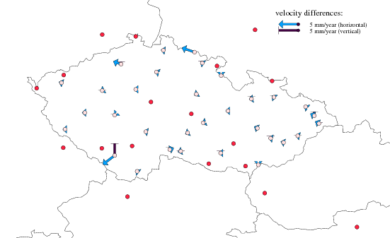 Estimated corrections (variant D) for non-EUREF stations (pink points) to the common ETRF2000 velocity field.
For all EPN stations (red points) velocities were constrained to the EPN cumulative solution.