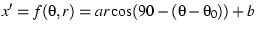 $x' = f(\theta, r) = ar \cos (90 - (\theta-\theta_0)) + b$